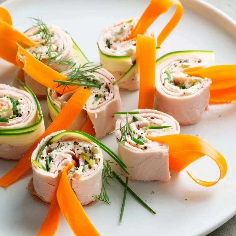 Freshly prepared Ribbon Dancer appetizer: vibrant veggie spirals and tasty turkey ready to eat.