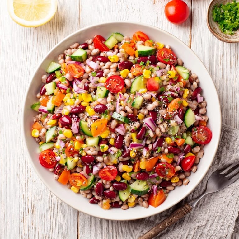 Hearty Dense Bean Salad with chickpeas, juicy tomatoes, and a sprinkle of nourishing hemp seeds.