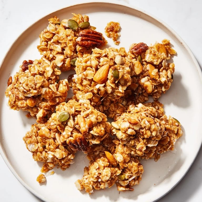 Freshly baked Honey Nut Granola Clusters, featuring oats and nuts, ready for a satisfying, wholesome bite.