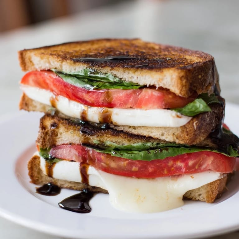 Picture a crispy, perfectly grilled Caprese Salad Grilled Cheese, drizzled with balsamic glaze for a delicious lunch.