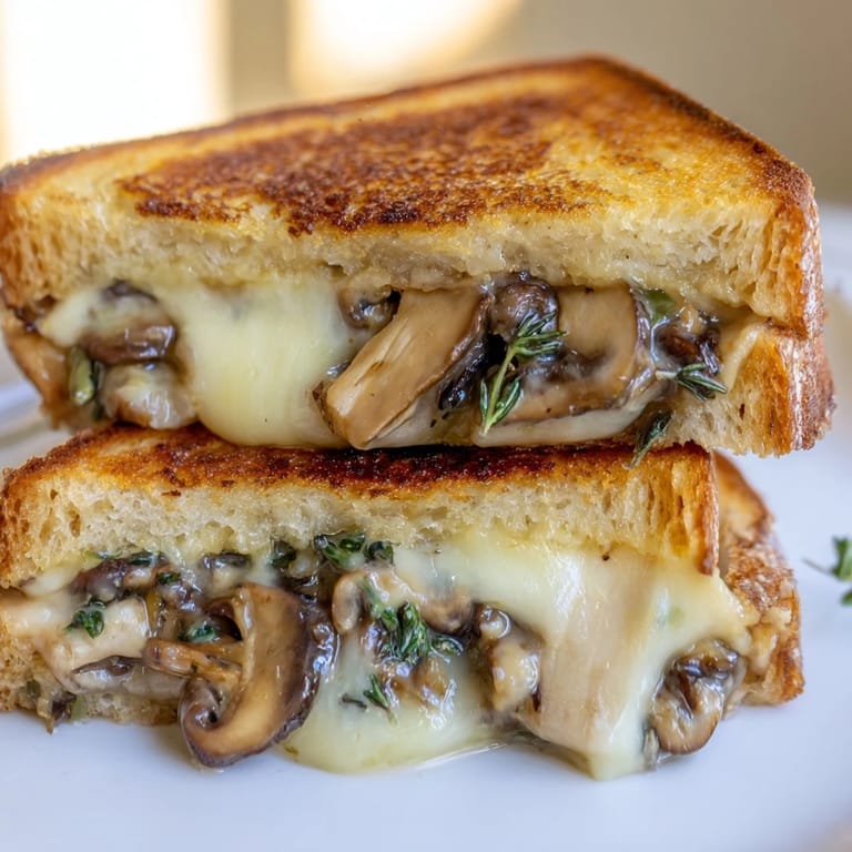 Golden-brown, crispy Creamy Mushroom Grilled Cheese, boasting a rich mushroom filling ready to eat now.