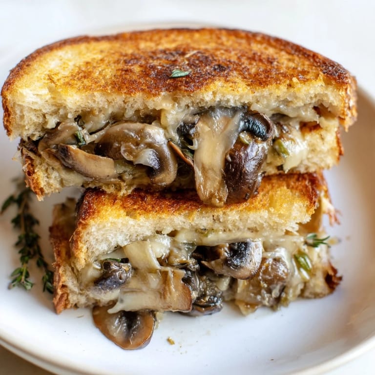 Savory Creamy Mushroom Grilled Cheese sandwich, with visible, creamy mushrooms spilling from the inside.