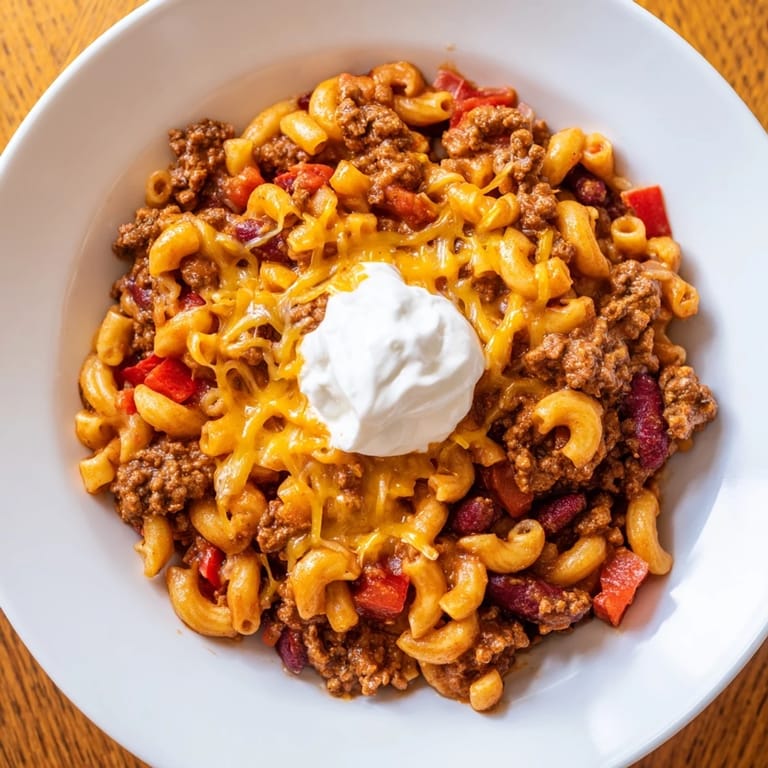 A close-up of creamy One-Pot Chili Mac topped with melted cheddar, ready to eat!