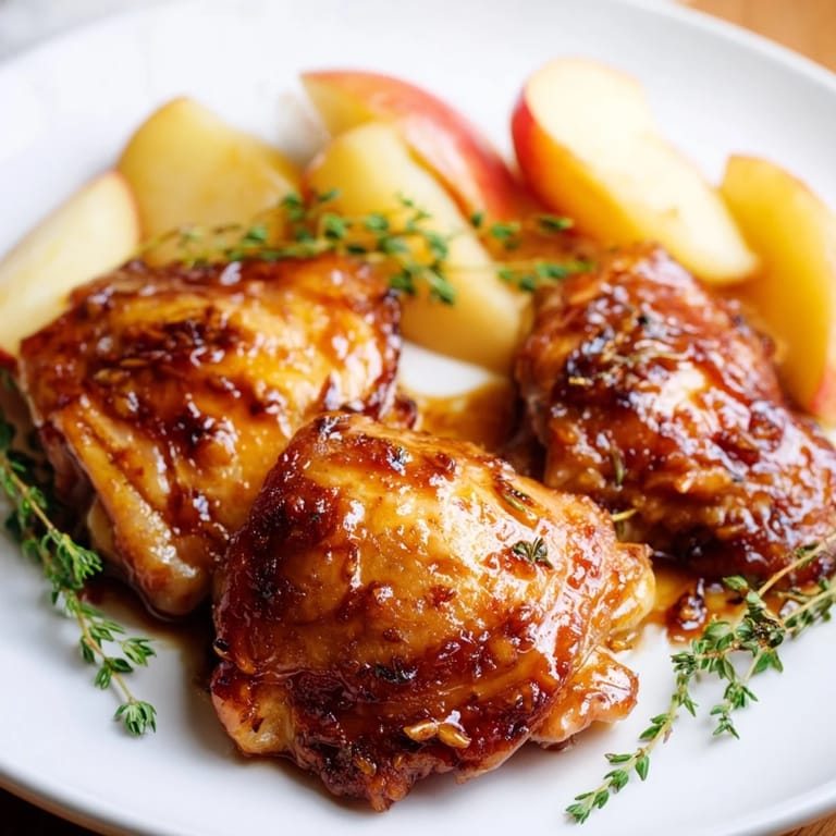 Baked to perfection, this image shows juicy Sticky Maple Apple Chicken with caramelized apples surrounding.