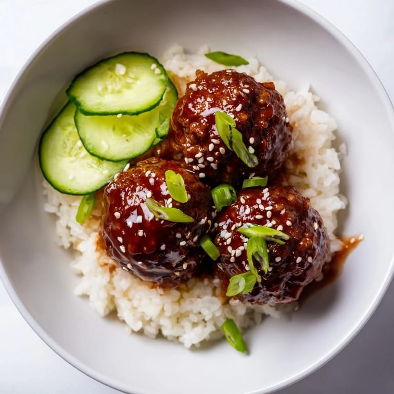 A close-up of steaming teriyaki meatball bowls, showcasing glistening sauce, rice, and fresh garnishes.
