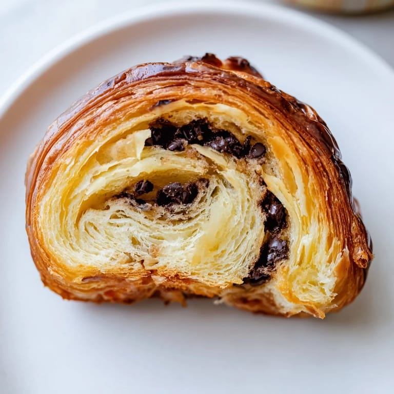 Close-up of freshly baked crookies, showing the melty chocolate and crisp, layered pastry.