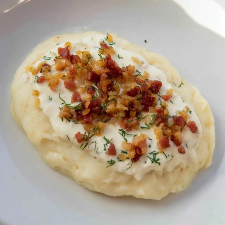 A close-up of hearty Cepelinai, showing tender potato dumplings and a rich bacon-sour cream topping.