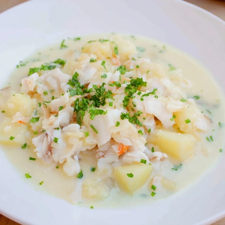 Delicious Icelandic Fish Stew, featuring flaky white fish and creamy potato broth, ready to enjoy.