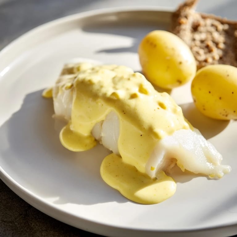 Golden, baked Norwegian lutefisk, a traditional holiday dish, with a rich mustard sauce drizzled over it.