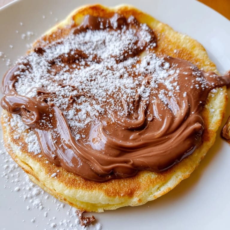 Golden brown Nutella Stuffed Pancakes stacked high, revealing a gooey melted chocolate center in the middle.  