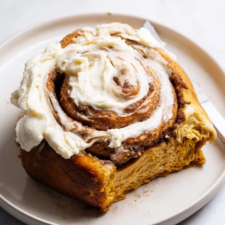 A warm pumpkin cinnamon roll, drizzled with cream cheese frosting, rests on a rustic wooden serving board.