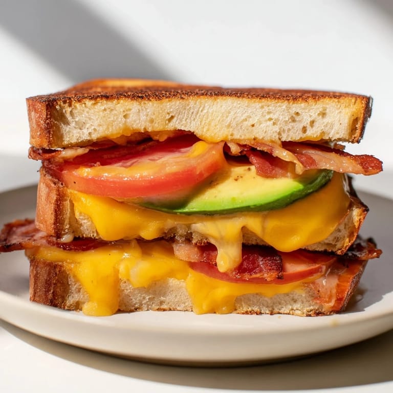 The Avocado BLT Grilled Cheese sits on a white plate, steam rising from the golden crust, with a side of ripe tomato and crisp lettuce leaves.