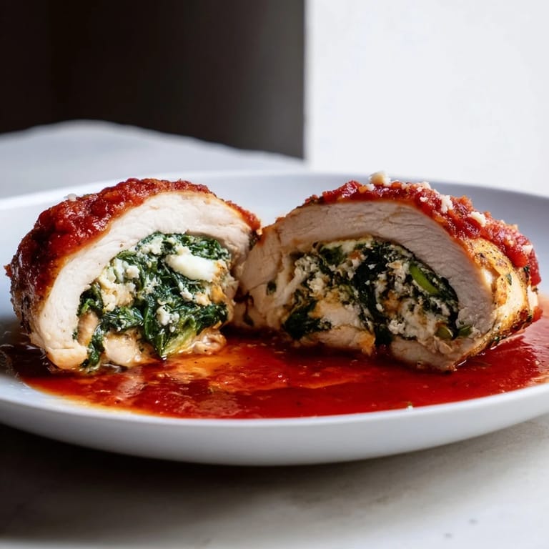 Juicy Spinach Ricotta Stuffed Chicken with a cheesy filling, served over linguine with a sprinkle of Parmesan and fresh herbs.