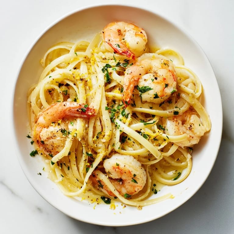 Close-up of Garlic Butter Shrimp Linguine featuring juicy shrimp coated in buttery garlic sauce and freshly grated Parmesan.