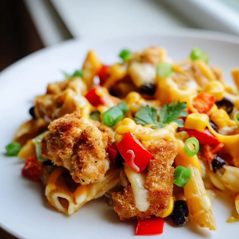 A vibrant skillet of Crispy Chicken Burrito Pasta topped with fresh cilantro, sliced green onions, and a dollop of sour cream.