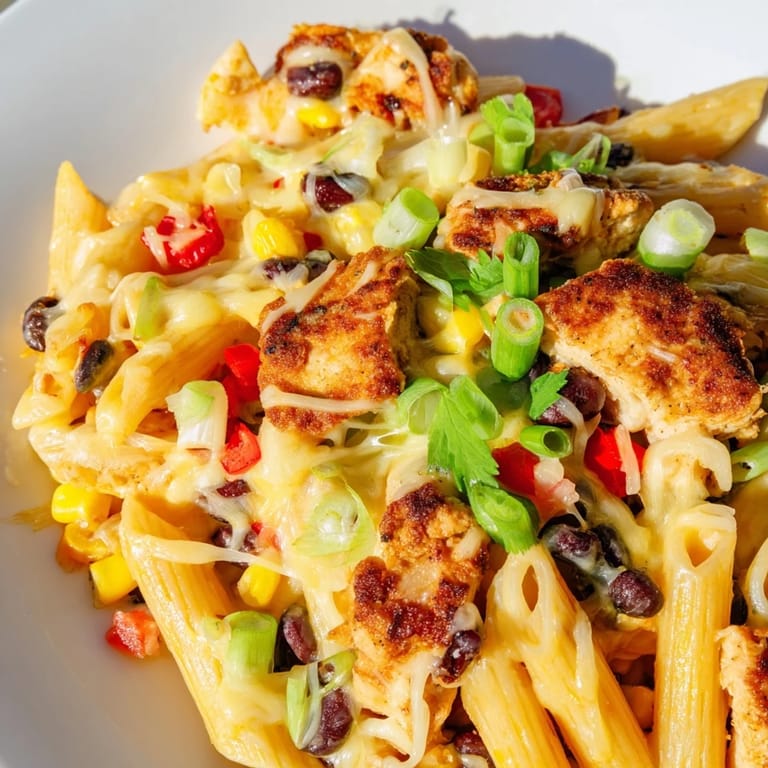 Hearty Tex-Mex inspired Crispy Chicken Burrito Pasta featuring penne, black beans, and corn, ready to serve with zesty lime wedges.