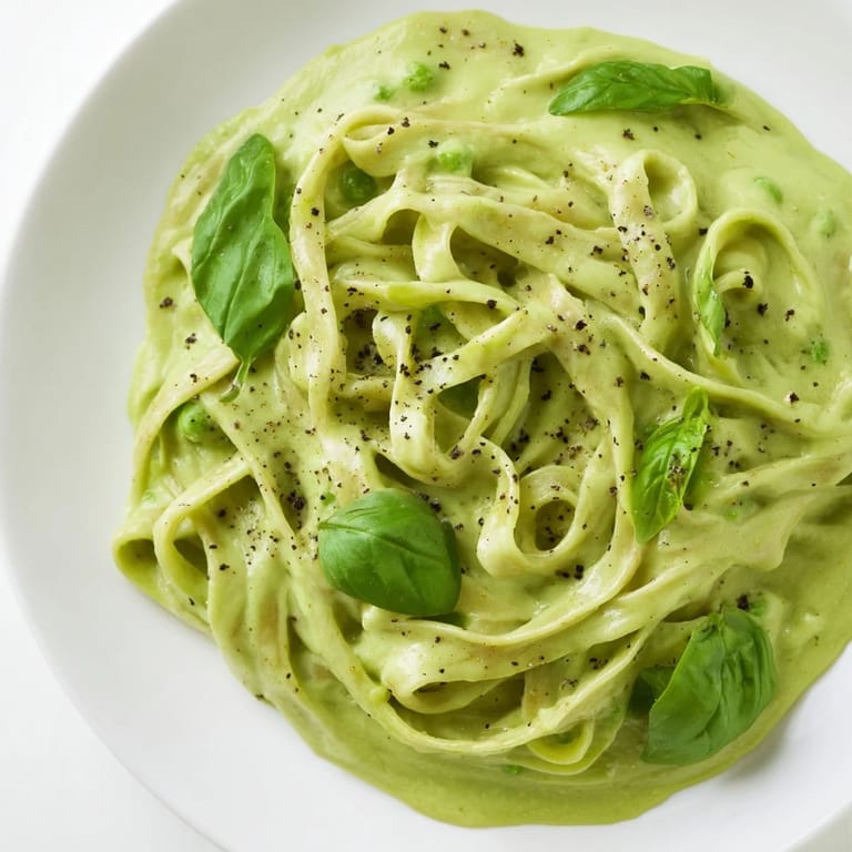 Serving of warm Creamy Green Pea Alfredo pasta on a white plate, garnished with fresh basil and a wedge of lemon.