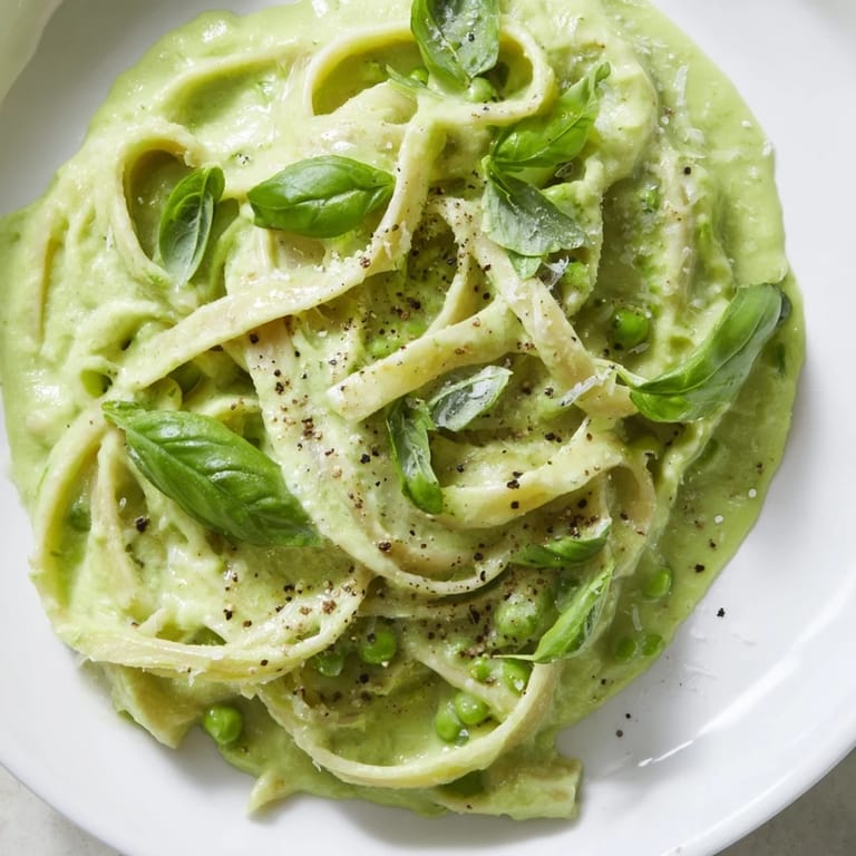 A close-up of silky Creamy Green Pea Alfredo sauce coating long pasta strands, topped with grated Parmesan and cracked black pepper.