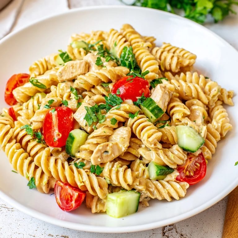 Chilled spiral pasta salad with tender chicken, bell peppers, and celery in a sweet and tangy honey-mustard vinaigrette, perfect for warm days.