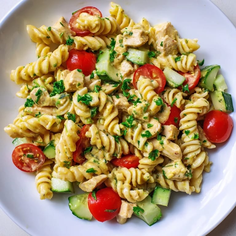 Bright, colorful bowl of Honey Mustard Chicken Pasta Salad served over mixed greens, garnished with parsley for a light lunch or picnic.