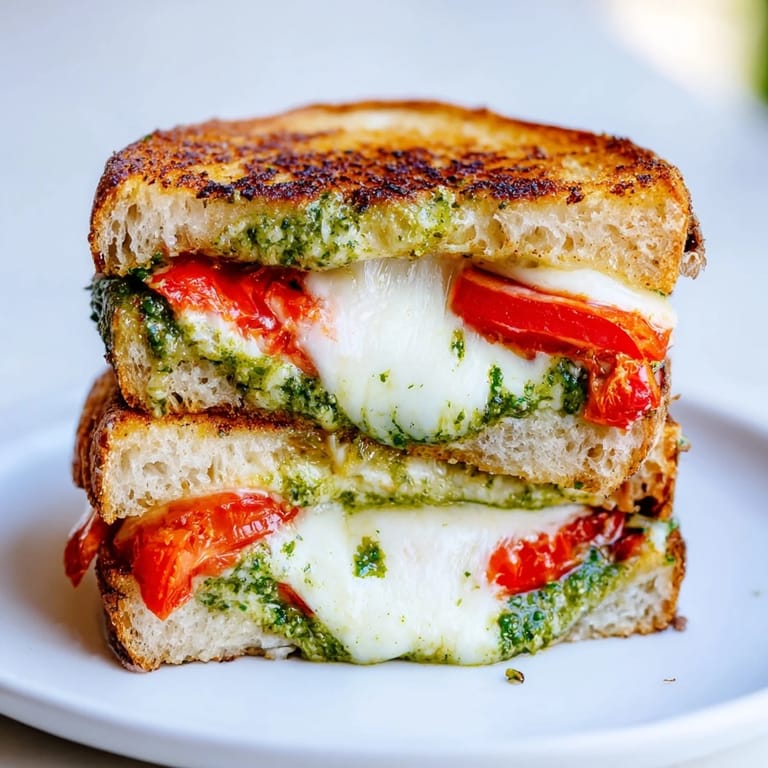 Fresh Caprese Pesto Grilled Cheese served on a wooden board, garnished with basil leaves and ready to enjoy as a savory lunch.