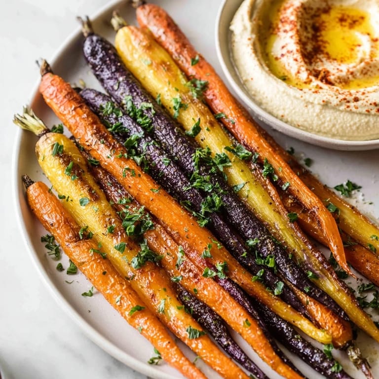 A close-up of oven-roasted rainbow carrots and creamy homemade hummus.