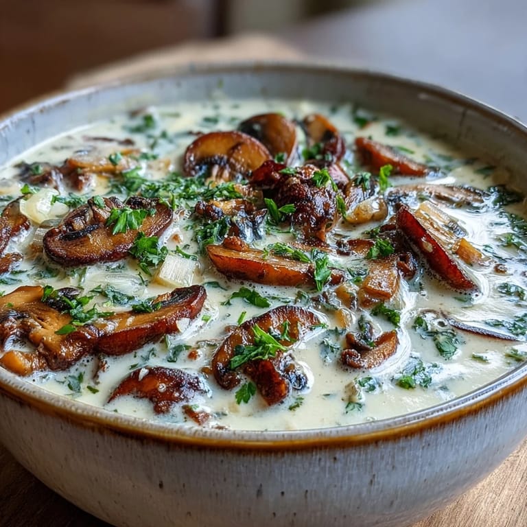 A ladle pours rich Creamy Mushroom Stroganoff Soup into a white bowl next to crusty bread.