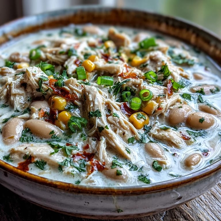 Steamy pot of White Chicken Chili simmering with tender shredded chicken, white beans, corn, and diced green chiles.