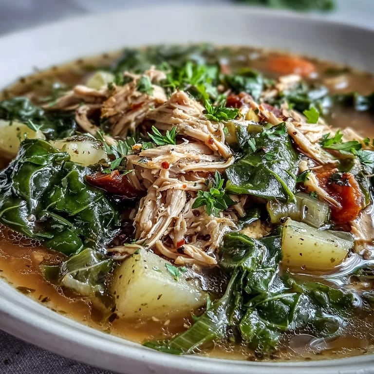 Close-up of Collard Greens, Chicken and Vegetable Soup served with crusty bread slices.