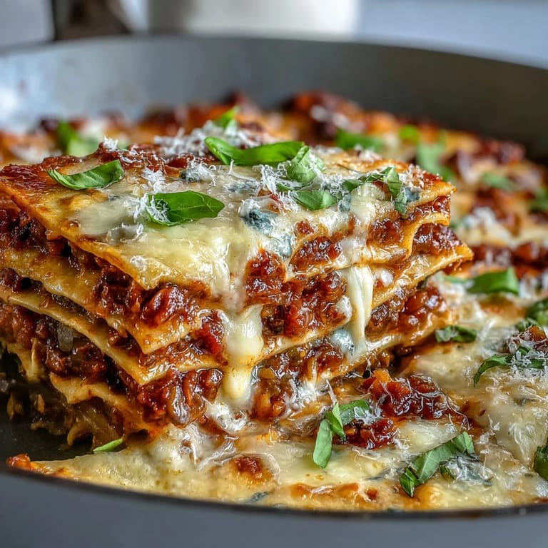 A hearty slice of One-Pan Smoky Veggie Lentil Lasagne reveals vibrant red lentil and vegetable layers on a rustic plate.