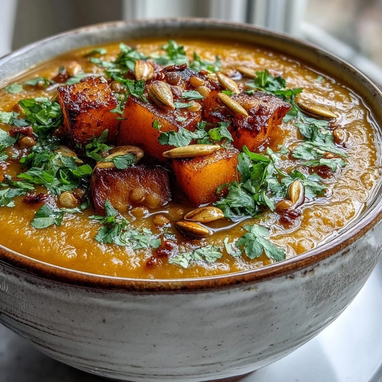 Vibrant orange Butternut Squash and Lentil Soup simmering in a pot with carrots and onions, ready to enjoy.