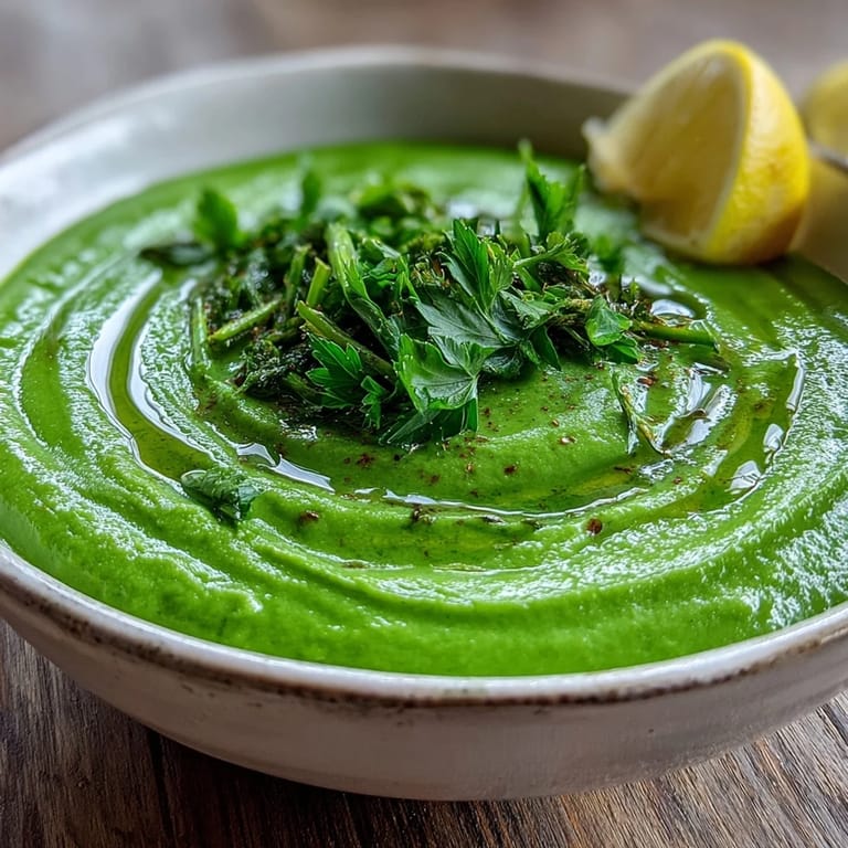 A vibrant bowl of Big Green Immunity-Boosting Vegetable Soup topped with a lemon wedge and fresh herbs for a nourishing meal.
