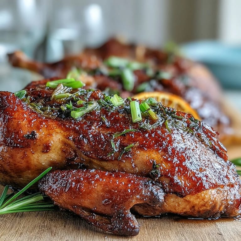 Plated Five-Spice Roast Duck, paired with fluffy jasmine rice and stir-fried greens, showcasing rich, gluten-free Chinese flavors on a candlelit table.