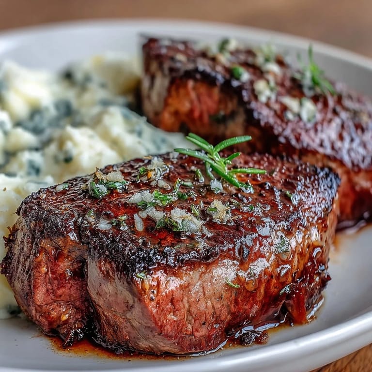 Hearty venison steaks with caraway crushed swede and optional redcurrant glaze, perfect for a cozy chilly evening dinner.
