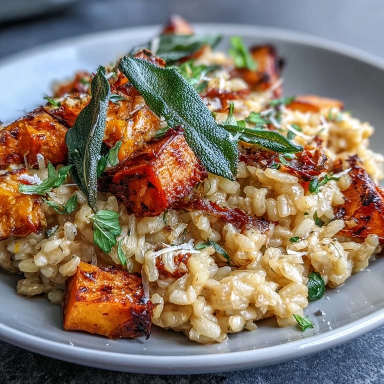 Close-up of creamy Vegan Pumpkin Risotto topped with golden roasted pumpkin cubes and aromatic crispy sage garnish.  