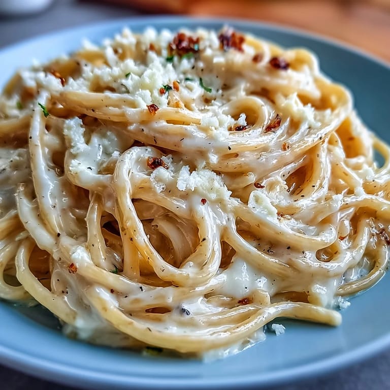Steaming Cacio e Pepe pasta in a skillet, featuring al dente spaghetti coated in salty cheese and aromatic black pepper.