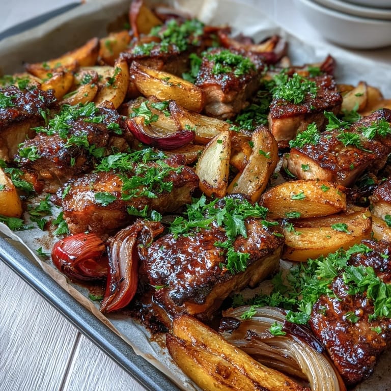 This Pork and Aromatic Rhubarb Traybake features succulent, oven-roasted pork shoulder alongside tangy rhubarb and sweet orange glaze.  