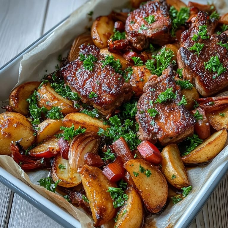 A close-up of the Pork and Aromatic Rhubarb Traybake, highlighting glistening rhubarb pieces and savory pork with fresh herbs.