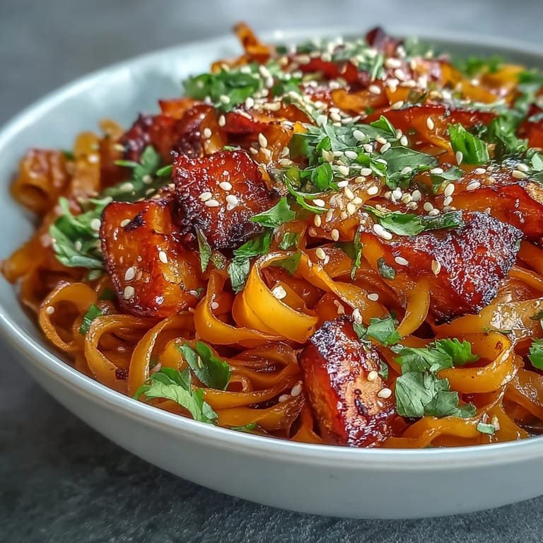 A vibrant plate of Gochujang Swede Noodles garnished with fresh cilantro and toasted sesame seeds.