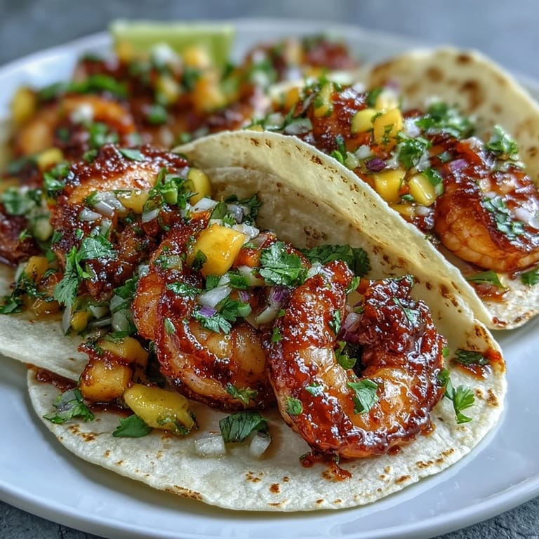 Spicy Sriracha Shrimp Tacos with Mango Salsa served on a plate with lime wedges.