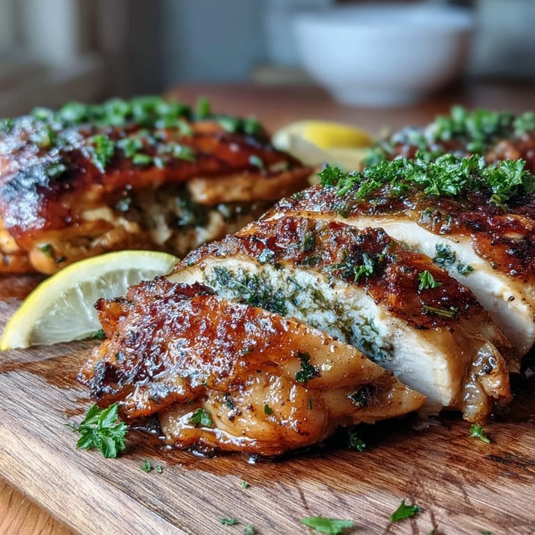 A single golden oven baked chicken breast resting on a plate with fresh herbs and lemon wedges.