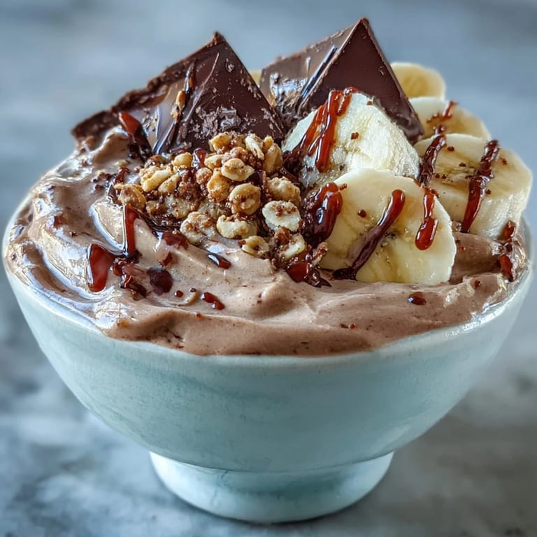 Healthy breakfast idea: a chilled Chocolate Peanut Butter Smoothie Bowl garnished with dark chocolate chunks and banana.