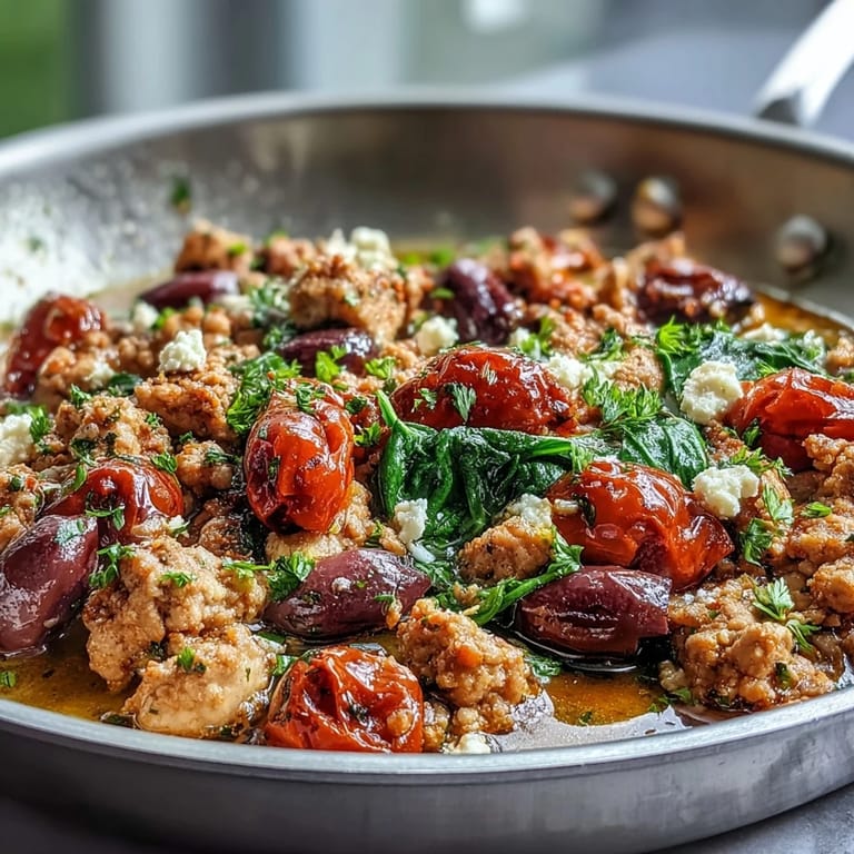 A steaming skillet of Mediterranean Keto Ground Chicken Skillet topped with crumbled feta and fresh parsley.