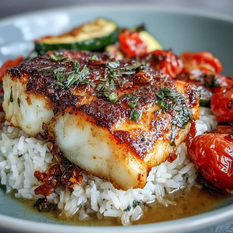 A close-up of Pan-Seared Fish Bowl highlights golden fish and colorful roasted zucchini, peppers, and tomatoes.