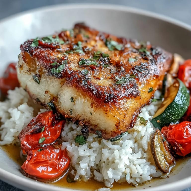 Healthy Pan-Seared Fish Bowl ready to serve, drizzled with zesty lemon sauce and fresh parsley garnish.