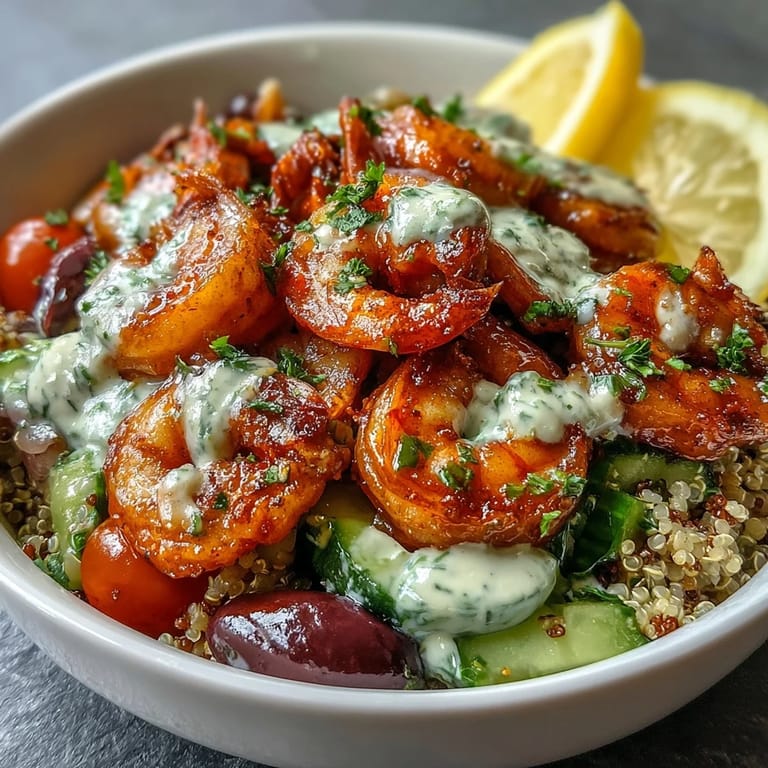 Succulent Mediterranean Shrimp Bowl topped with vibrant vegetables and a rich tahini sauce, served alongside fluffy grains for a healthy dinner.