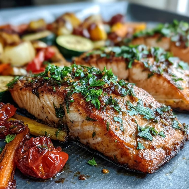 Freshly cooked Sheet Pan Salmon and Veggies Bowl garnished with parsley and lemon wedges, ideal for a healthy weeknight dinner.