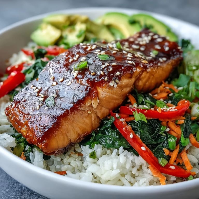Sizzling soy ginger salmon fillet over steamed rice with edamame, carrots, and bok choy, drizzled with sauce.