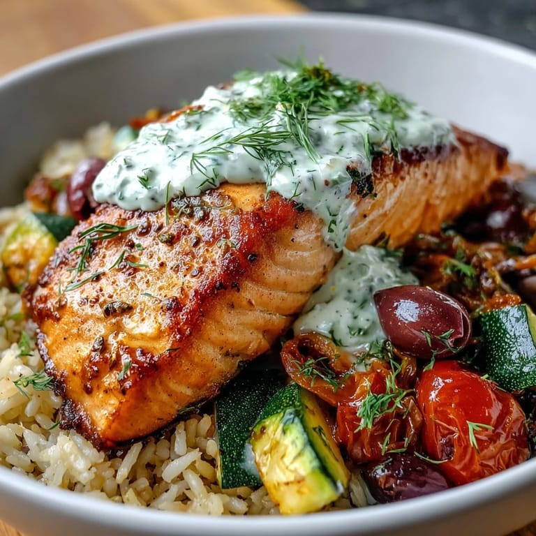 Plated Mediterranean Crispy Rice Salmon Bowl features flaky salmon, crispy rice, cherry tomatoes, and Kalamata olives, ready to enjoy.
