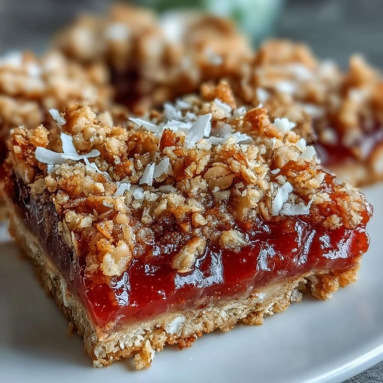 Freshly baked Guava Jam Bars with Coconut Macadamia Oat Crumble cut into squares.